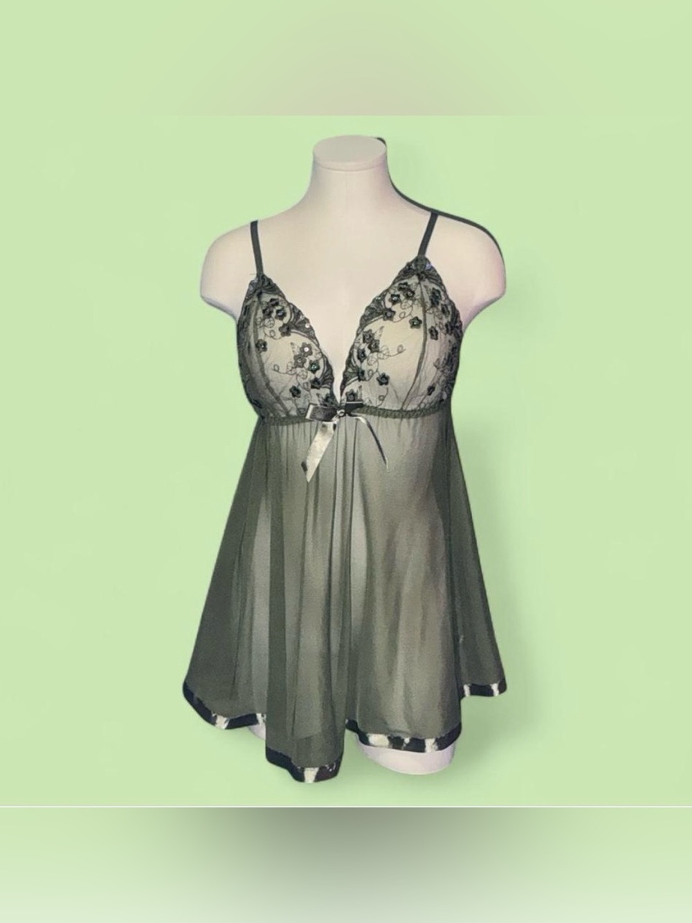 Source Unknown Black Sheer Embroidered Mesh Babydoll Chemise with Satin Bow